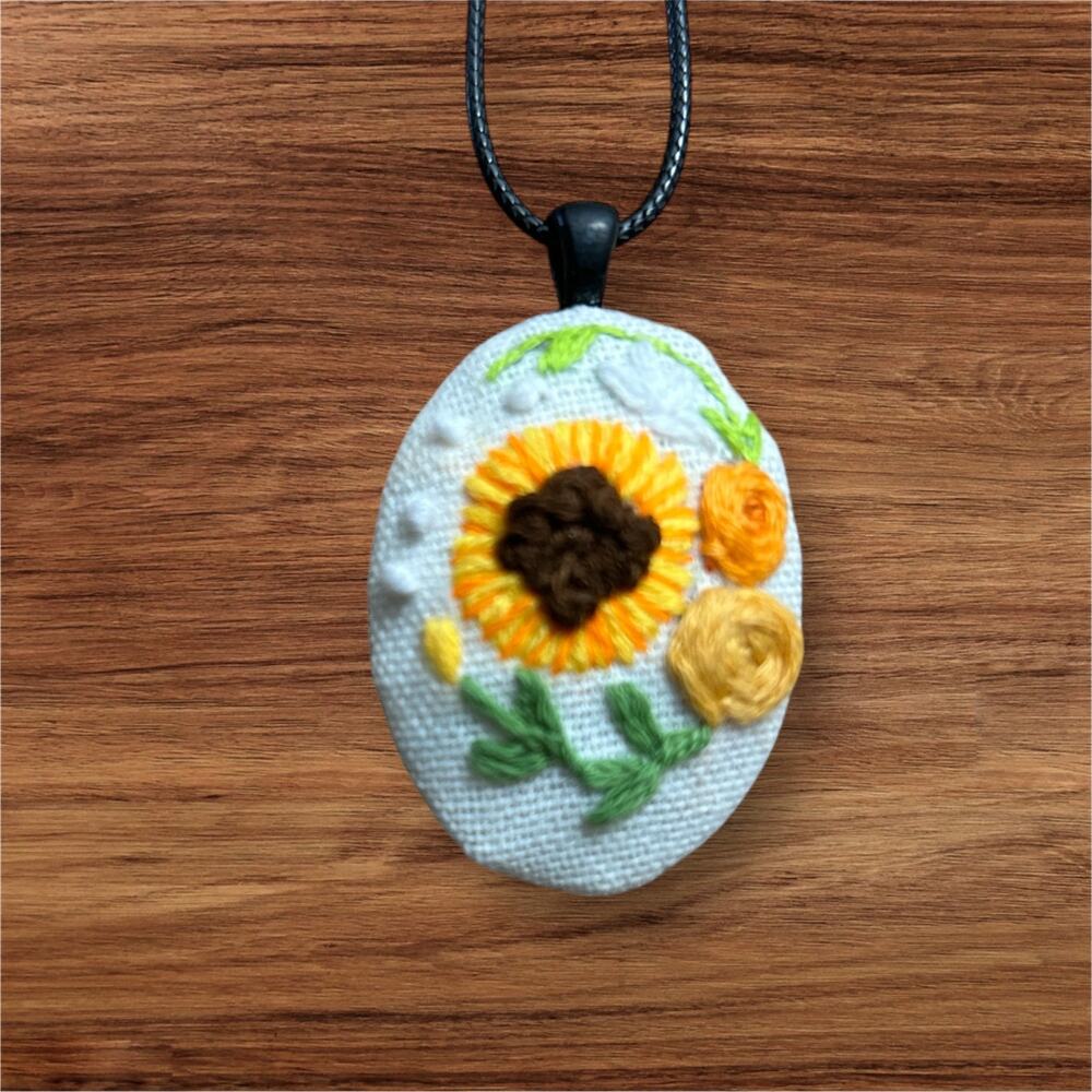Sunflower & Rose Embroidery Necklace - Handmade Pendant